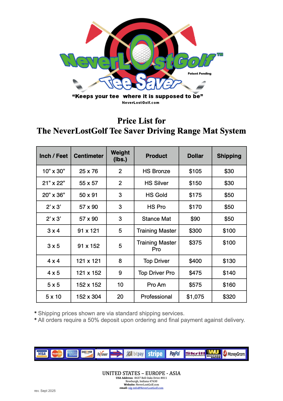 NeverLostGolf Tee Saver Mat System™ price list 